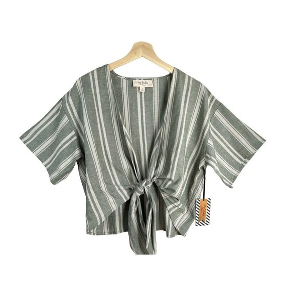 No Frills Los Angeles Green Striped Tie Front Linen Blend CropTop Size Small NWT - Picture 1 of 7